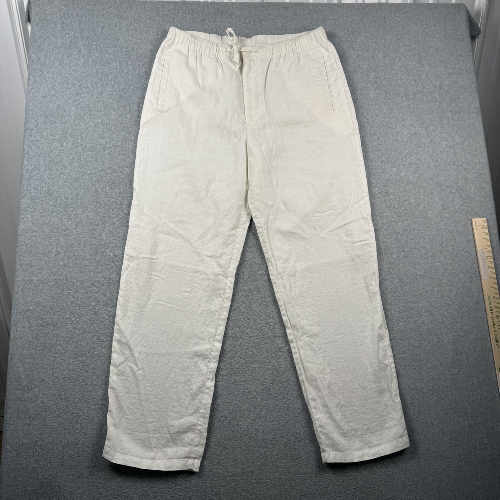Cezani Pants Mens Medium Cream 100% Linen Drawstring Beachy Travel Straight Leg